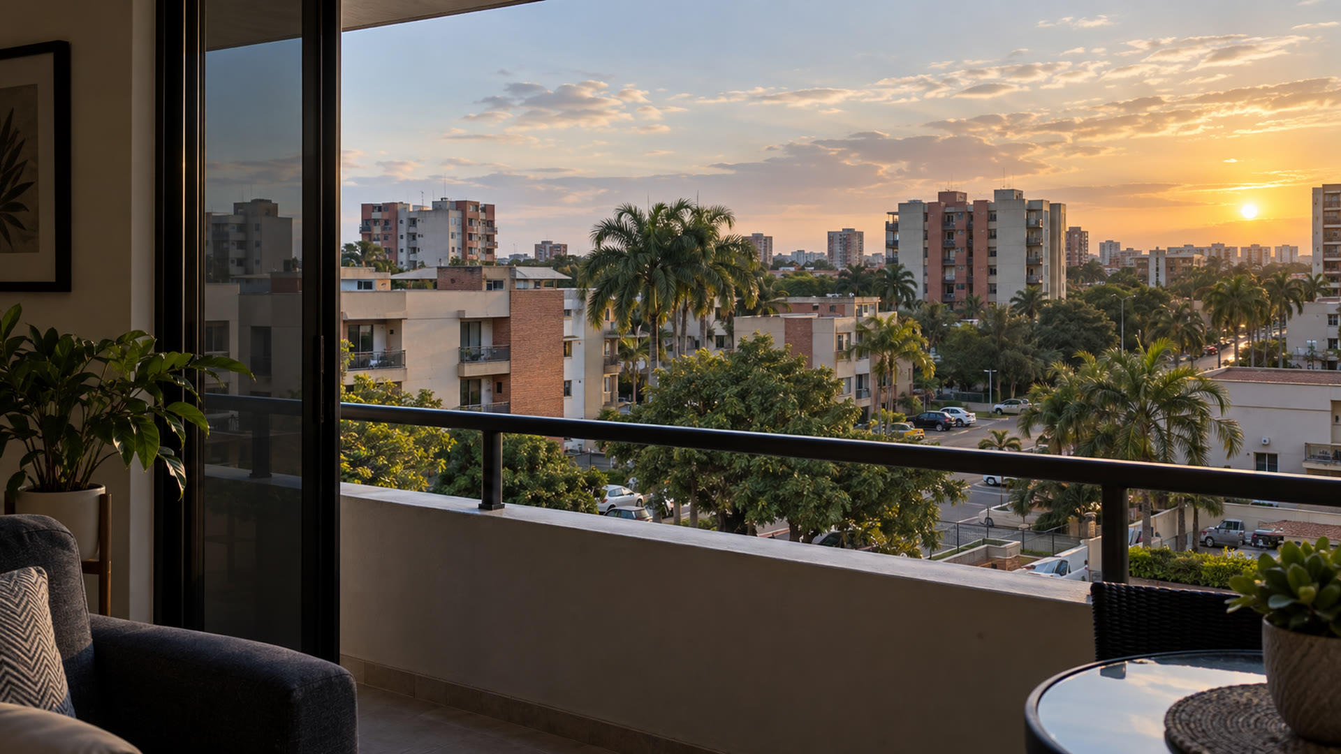 Vista residencial de Puerto Ordaz desde un balcón, con edificios y vegetación tropical.